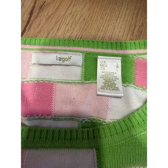 Liz Claiborne Sweaters - Lizgolf Liz Claiborne Vtg 80s PREPPY Pink Green Checker Knit Sweater Large RARE